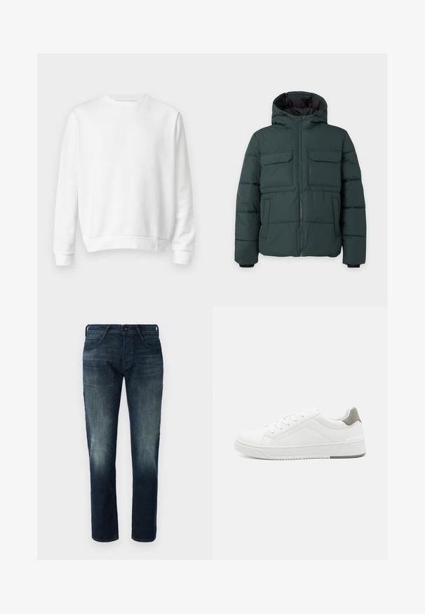 Veste matelassée vert foncé avec capuche, fermeture éclair sur le devant, deux poches poitrine à rabat et deux poches latérales sur un fond clair uni.; Sweatshirt blanc à col rond fabriqué en coton doux. Manches longues, poignets et ourlet côtelés, texture lisse et design minimaliste.; Jean en denim droit bleu foncé avec un léger décoloration aux cuisses et aux genoux, fermeture par bouton et zip à l'avant, et style five-pocket.; Basket blanche en cuir lisse, à bout arrondi, design minimaliste, accent de talon gris et semelle en caoutchouc texturé.