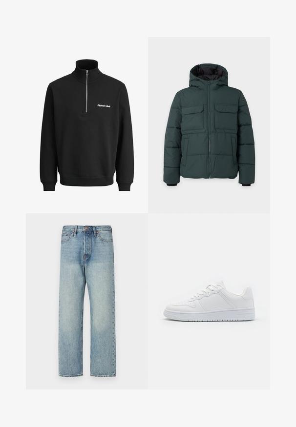 Dunkelgrüne gesteppte Jacke mit Kapuze, Frontreißverschluss, zwei Klappbrusttaschen und zwei Seitentaschen auf einfarbig hellem Hintergrund.; Schwarzer Pullover mit langen Ärmeln, halbem Reißverschluss am Kragen und kleinem weißen, gesticktem Schriftzug auf der linken Brust.; Hellblaue Jeans aus Denim mit geradem Bein, fünf Taschen und bronzener Hardware. Minimale Ausbleichungen mit einem sauberen Finish.; Weiße Sneaker aus glattem Synthetikmaterial, ausgestattet mit flachen Schnürsenkeln, perforierter Zehenpartie und einer gummierten Sohle mit einem strukturierten Grip-Muster.