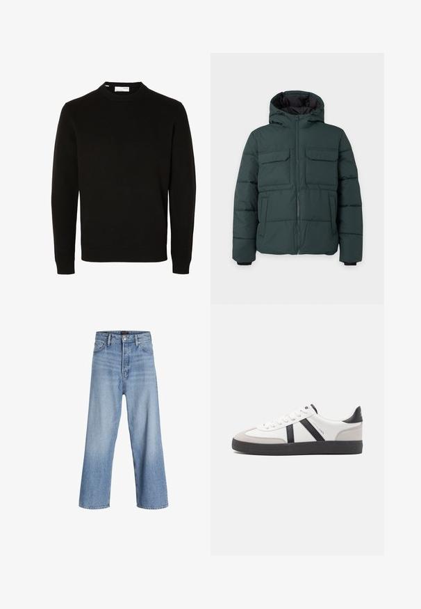 Chaqueta acolchada de color verde oscuro con capucha, cremallera frontal, dos bolsillos de solapa en el pecho y dos bolsillos laterales sobre un fondo liso y claro.; Jersey de punto negro de manga larga con cuello redondo, puños y bajo acanalados, mostrado sobre un fondo blanco liso.; Jeans de mezclilla de color azul claro, de pierna ancha y cintura alta, con cierre de botones, diseño de cinco bolsillos y un ligero desvanecimiento. Con los dobladillos limpios.; Zapatilla blanca con acentos en negro y gris, que presenta una puntera texturizada en gris, suela de goma negra y cordones planos blancos. Diseño limpio, estilo minimalista.