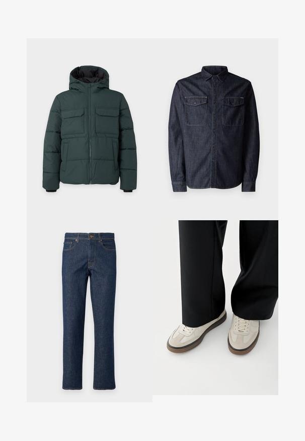 Dunkelgrüne gesteppte Jacke mit Kapuze, Frontreißverschluss, zwei Klappbrusttaschen und zwei Seitentaschen auf einfarbig hellem Hintergrund.; Replay Hemd - dark blue; Dunkelblaue Jeans aus Denim mit geradem Bein, ausgestattet mit einem Knopfverschluss, fünf Taschen und kontrastierenden Nähten.; Füße mit beigen Sneakers mit braunen Sohlen und schwarzen Hosen mit weitem Bein auf weißem Hintergrund.