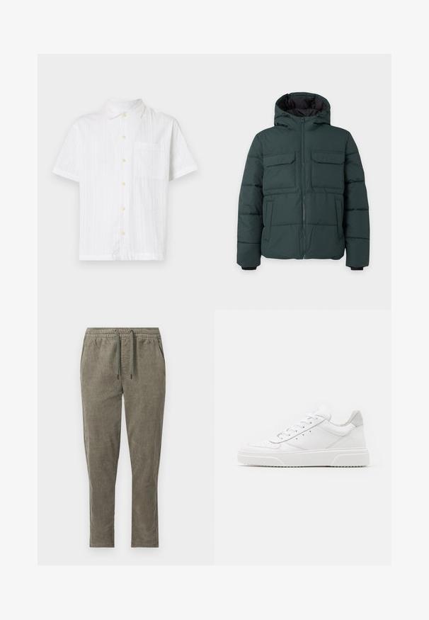 Chaqueta acolchada de color verde oscuro con capucha, cremallera frontal, dos bolsillos de solapa en el pecho y dos bolsillos laterales sobre un fondo liso y claro.; Camisa blanca de manga corta con cierre de botones en el frente, con un solo bolsillo, tela texturizada y botones de color amarillo claro.; Pantalones de pana verde oliva con cintura elástica y cordón, con bolsillos laterales y corte de pierna recta.; Zapatillas de cuero blanca con un acabado suave, punta redondeada, cordones planos y una suela texturada. Acento de ante gris en el talón.