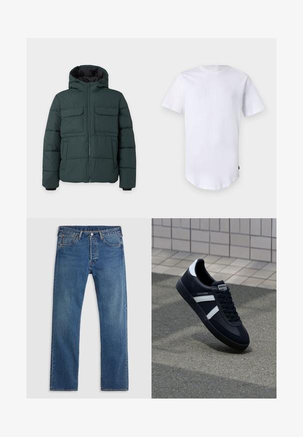 Donkergroene gewatteerde jas met capuchon, ritssluiting aan de voorkant, twee klepzakken op de borst en twee zijzakken op een effen lichte achtergrond.; Witte katoenen t-shirt met korte mouwen. Rond de hals ontwerp met een gebogen zoom. Label zichtbaar aan de onderste linkerzijde. Gladde textuur.; Blauwe rechte denim jeans met vijf zakken, riemlussen en een sluiting met een knoop en ritssluiting aan de voorkant, op een effen achtergrond.; Zwarte leren sneaker met witte strepen, een gestructureerde rubberen zool en vetersluiting aan de voorkant. Voorzien van een merklabel op de tong.