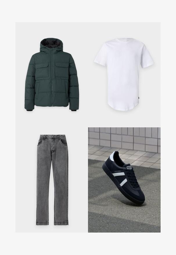Dunkelgrüne gesteppte Jacke mit Kapuze, Frontreißverschluss, zwei Klappbrusttaschen und zwei Seitentaschen auf einfarbig hellem Hintergrund.; Weißes T-Shirt mit kurzen Ärmeln aus Baumwolle. Rundhalsausschnitt mit abgerundetem Saum. Etikett auf der unteren linken Seite sichtbar. Glatte Textur.; Schwarze Jeans aus Denim mit geradem Schnitt, ausgestattet mit fünf Taschen, einem Knopfverschluss und dezenten Stickdetails an den Nähten.; Schwarze Leder-Sneaker mit weißen Streifen, strukturiertem Gummisohle und Schnürung. Verfügt über ein Markenetikett auf der Zunge.