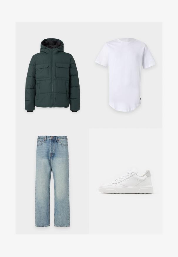 Veste matelassée vert foncé avec capuche, fermeture éclair sur le devant, deux poches poitrine à rabat et deux poches latérales sur un fond clair uni.; T-shirt blanc à manches courtes en coton. Design à col rond avec un ourlet arrondi. Étiquette visible sur le côté inférieur gauche. Texture lisse.; Jeans en denim bleu clair avec une coupe droite, cinq poches et des détails en bronze. Légère décoloration avec une finition propre.; Des baskets en cuir blanc avec une finition lisse, un bout rond, des lacets plats et une semelle texturée. Accents en daim gris au niveau du talon.