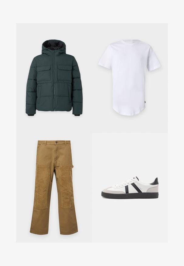 Veste matelassée vert foncé avec capuche, fermeture éclair sur le devant, deux poches poitrine à rabat et deux poches latérales sur un fond clair uni.; T-shirt blanc à manches courtes en coton. Design à col rond avec un ourlet arrondi. Étiquette visible sur le côté inférieur gauche. Texture lisse.; Pantalons cargo en coton marron avec des patchs en tissu côtelé contrastant, coupe droite, cinq poches et une fermeture à bouton.; Baskets blanches avec des accents noirs et gris, présentant un embout texturé gris, une semelle en caoutchouc noir et des lacets plats blancs. Design épuré, style minimaliste.