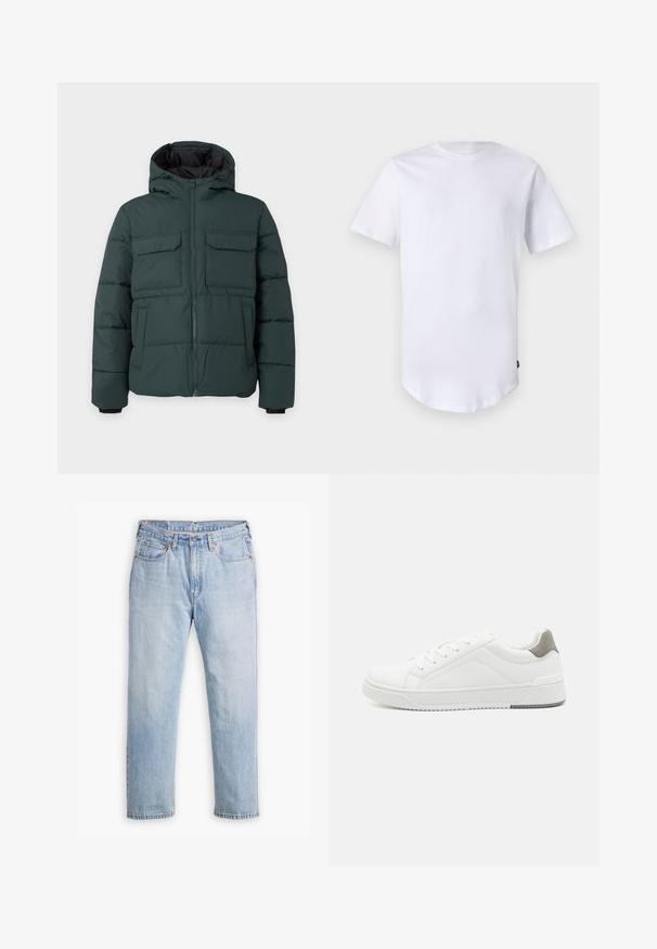 Dunkelgrüne gesteppte Jacke mit Kapuze, Frontreißverschluss, zwei Klappbrusttaschen und zwei Seitentaschen auf einfarbig hellem Hintergrund.; Weißes T-Shirt mit kurzen Ärmeln aus Baumwolle. Rundhalsausschnitt mit abgerundetem Saum. Etikett auf der unteren linken Seite sichtbar. Glatte Textur.; Helle blaue Denim-Jeans mit geradem Bein, im Fünf-Taschen-Stil und kontrastierenden Nähten. Knopf- und Reißverschluss an der Taille.; Weißer Sneaker aus glattem Leder, runde Zehenpartie, minimalistisches Design, graue Fersenkante und strukturierte Gummisohle.