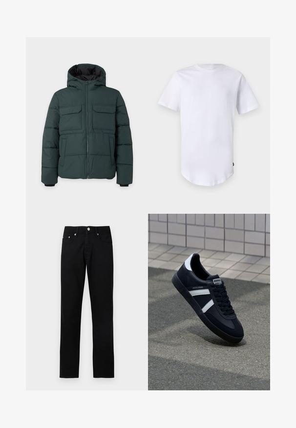 Dunkelgrüne gesteppte Jacke mit Kapuze, Frontreißverschluss, zwei Klappbrusttaschen und zwei Seitentaschen auf einfarbig hellem Hintergrund.; Weißes T-Shirt mit kurzen Ärmeln aus Baumwolle. Rundhalsausschnitt mit abgerundetem Saum. Etikett auf der unteren linken Seite sichtbar. Glatte Textur.; Schwarze Jeans mit geradem Bein, vorderer Knopfleiste, Reißverschluss, Gürtelschlaufen und fünf Taschen auf hellgrauem Hintergrund.; Schwarze Leder-Sneaker mit weißen Streifen, strukturiertem Gummisohle und Schnürung. Verfügt über ein Markenetikett auf der Zunge.