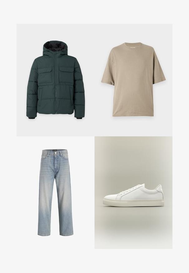 Mørkegrøn polstret jakke med hætte, frontlynlås, to klaplommer på brystet og to sidelommer på en ensfarvet lys baggrund.; Beige kortærmet t-shirt lavet af blødt bomuld, med rund halsudskæring og afslappet pasform, glat tekstur og minimal detaljer.; Lys blå denimjeans med lige ben design, falmet udseende, fem lommer og en knappelukning i taljen.; Hvid lavtop sneaker med snørebånd foran og tyk sål, vist fra siden mod en neutral baggrund.