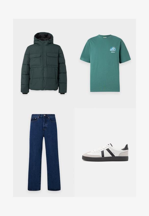 Chaqueta acolchada de color verde oscuro con capucha, cremallera frontal, dos bolsillos de solapa en el pecho y dos bolsillos laterales sobre un fondo liso y claro.; Camiseta de algodón verde con mangas cortas, que presenta un pequeño diseño gráfico colorido en el lado izquierdo del pecho. Ligera, de corte regular.; Vaqueros de mezclilla azul oscuro con corte recto, con costuras naranjas, cierre de botones y dos bolsillos delanteros con remaches en contraste.; Zapatilla blanca con acentos en negro y gris, que presenta una puntera texturizada en gris, suela de goma negra y cordones planos blancos. Diseño limpio, estilo minimalista.