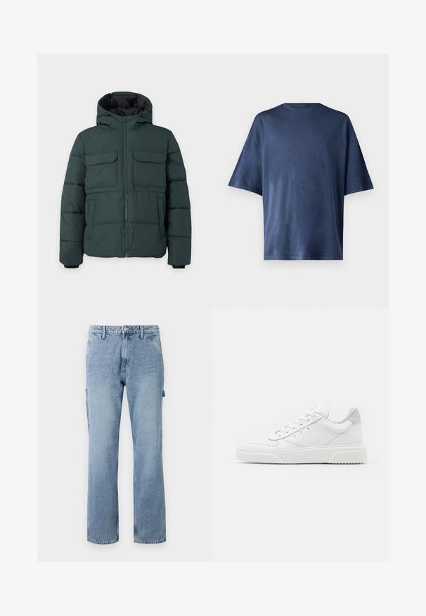 Dunkelgrüne gesteppte Jacke mit Kapuze, Frontreißverschluss, zwei Klappbrusttaschen und zwei Seitentaschen auf einfarbig hellem Hintergrund.; Marineblaue Kurzarm-T-Shirt aus weichem Stoff, mit klassischen Rundhalsausschnitt und lockerer Passform, ohne sichtbare Muster oder Akzente.; Hellblaue Denim-Cargo-Hosen mit geraden Beinen, fünf Taschen und einem Knopfverschluss. Mit Seitentaschen und einem lässigen, lockeren Schnitt ausgestattet.; Weiße Leder-Sneaker mit glatter Oberfläche, rundem Zehenbereich, flachen Schnürsenkeln und strukturiertem Schuhsohlen. Graues Wildleder-Detail an der Ferse.