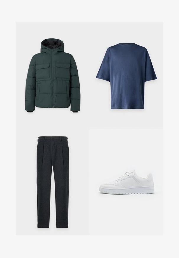 Chaqueta acolchada de color verde oscuro con capucha, cremallera frontal, dos bolsillos de solapa en el pecho y dos bolsillos laterales sobre un fondo liso y claro.; Camiseta de manga corta azul marino, hecha de una tela suave, con un cuello redondo clásico y un corte relajado, sin patrones ni acentos visibles.; Pantalones de mezcla de lana gris con dos pliegues frontales, trabillas para cinturón, bolsillos laterales y cierre de botón. Diseño de pierna recta con una textura suave.; Zapatillas blancas hechas de material sintético liso, con cordones planos, puntera perforada y suela de goma con un patrón de agarre texturizado.