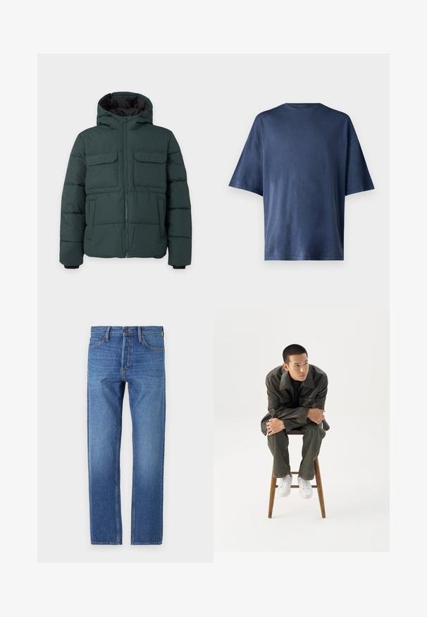 Chaqueta acolchada de color verde oscuro con capucha, cremallera frontal, dos bolsillos de solapa en el pecho y dos bolsillos laterales sobre un fondo liso y claro.; Camiseta de manga corta azul marino, hecha de una tela suave, con un cuello redondo clásico y un corte relajado, sin patrones ni acentos visibles.; Jeans de mezclilla azul con corte recto, diseño clásico de cinco bolsillos, costuras de cobre y un acabado deslavado para un aspecto usado.; Joven con chaqueta de cuero oscura y vaqueros sentado en un taburete de madera, inclinado hacia adelante con los brazos cruzados, mirando hacia un lado contra un fondo blanco.