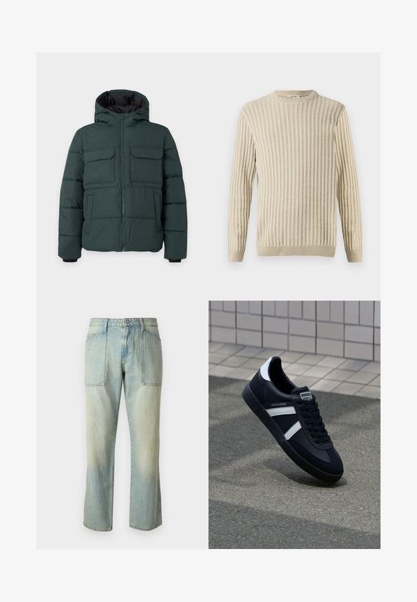 Donkergroene gewatteerde jas met capuchon, ritssluiting aan de voorkant, twee klepzakken op de borst en twee zijzakken op een effen lichte achtergrond.; Only & Sons ONSBRANT CREW KNIT - T-shirt print - beige; Lichtblauwe denim jeans met een rechte pijp, zichtbare stiksels en twee grote voorkruiden. De stof heeft een vervaagd uiterlijk.; Zwarte leren sneaker met witte strepen, een gestructureerde rubberen zool en vetersluiting aan de voorkant. Voorzien van een merklabel op de tong.