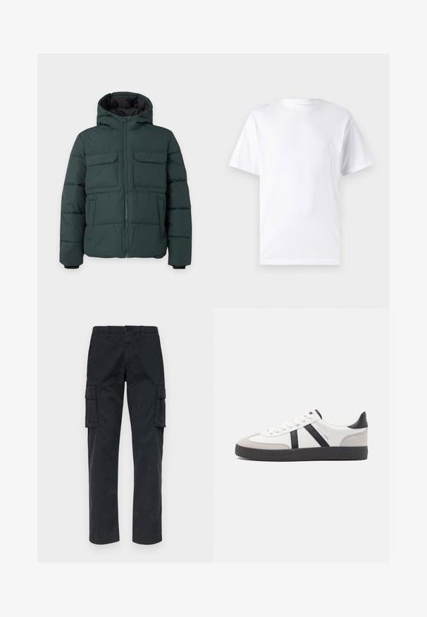 Veste matelassée vert foncé avec capuche, fermeture éclair sur le devant, deux poches poitrine à rabat et deux poches latérales sur un fond clair uni.; T-shirt blanc à manches courtes en coton avec un col rond, présentant une texture lisse et un design simple, sans motifs ni accents.; Pantalons cargo noirs en tissu résistant, dotés de deux poches latérales, de jambes droites et d'une fermeture à bouton à la taille.; Baskets blanches avec des accents noirs et gris, présentant un embout texturé gris, une semelle en caoutchouc noir et des lacets plats blancs. Design épuré, style minimaliste.
