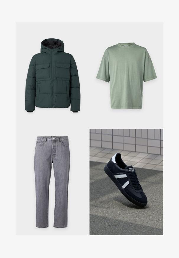 Donkergroene gewatteerde jas met capuchon, ritssluiting aan de voorkant, twee klepzakken op de borst en twee zijzakken op een effen lichte achtergrond.; Lichtgroene t-shirt met korte mouwen, een ronde halslijn en een ontspannen pasvorm; gemaakt van zacht materiaal met een gladde textuur.; Grijze denim jeans met een rechtlopende pasvorm, vijf zakken, een knoopsluiting en een subtiele slijtage-effect op de stof.; Zwarte leren sneaker met witte strepen, een gestructureerde rubberen zool en vetersluiting aan de voorkant. Voorzien van een merklabel op de tong.