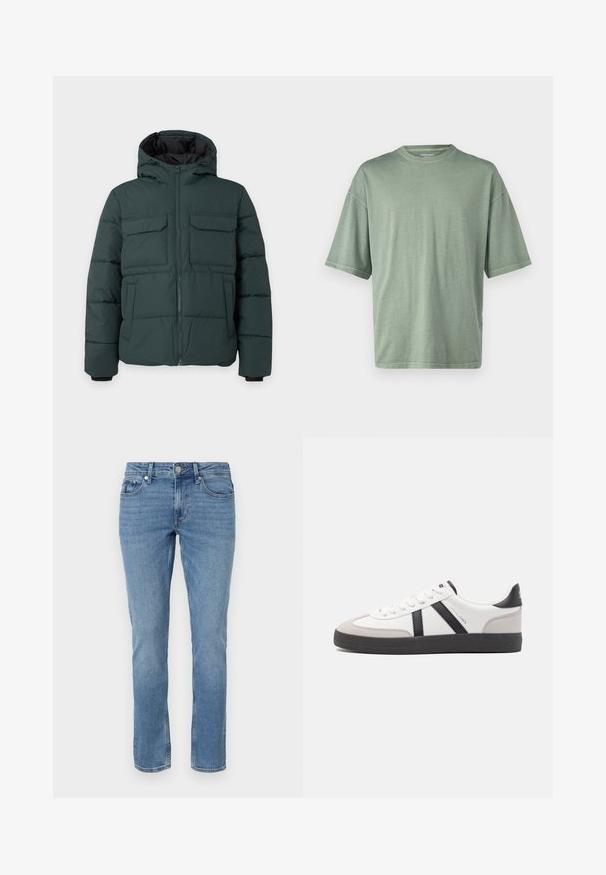 Mørkegrøn polstret jakke med hætte, frontlynlås, to klaplommer på brystet og to sidelommer på en ensfarvet lys baggrund.; Lys grønt kortærmet t-shirt med rund halsudskæring og afslappet pasform; lavet af blødt materiale med en glat tekstur.; Blå lige ben denim jeans med for lommer, bæltesløjfer og knaplukning.; Hvide sneakers med sorte og grå detaljer, med en tekstureret grå tåhætte, sort gummisål og flade hvide snørebånd. Rent design, minimalistisk stil.