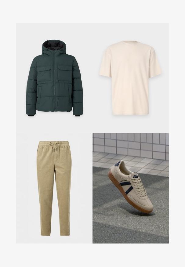 Tmavozelená prešívaná bunda s kapucňou, predný zips, dve náprsné vrecká s chlopňou a dve bočné vrecká na jednolivom svetlom pozadí.; Only & Sons ONSFRED RELAXED PLIZZE TEE - Základné tričko - moonstruck; Svetlohnedé manžestrové nohavice s elastickým pásom a šnúrkou, so strihom rovnej nohy a bočnými vreckami.; Béžové tenisky s textúrovaným povrchom, námorníckymi pruhmi a gumovou podrážkou. Obsahujú polstrovaný jazyk a tradičný šnurovací systém pre bezpečné prispôsobenie.