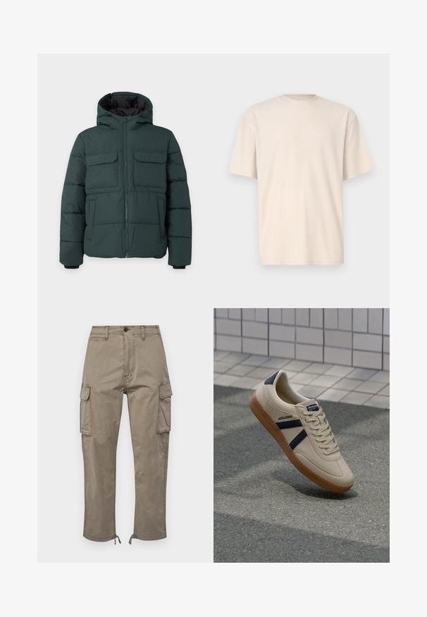 Veste matelassée vert foncé avec capuche, fermeture éclair sur le devant, deux poches poitrine à rabat et deux poches latérales sur un fond clair uni.; Only & Sons ONSFRED RELAXED PLIZZE TEE - T-shirt basique - moonstruck; Un pantalon cargo de couleur taupe atténuée, fabriqué en coton, avec des poches latérales, une coupe droite et des ourlets ajustables avec cordons de serrage.; Baskets beiges avec une finition texturée, bandes navy et semelle en caoutchouc. Équipées d'une languette rembourrée et d'un système de laçage traditionnel pour un maintien sécurisé.