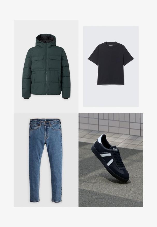 Chaqueta acolchada de color verde oscuro con capucha, cremallera frontal, dos bolsillos de solapa en el pecho y dos bolsillos laterales sobre un fondo liso y claro.; Camiseta de algodón negra con cuello redondo clásico, mangas cortas y un ajuste relajado. Textura suave con detalles de costura mínimos.; Jeans de mezclilla azul con corte recto, cinco bolsillos, costuras naranjas y un cierre clásico de botón y cremallera. Textura desgastada a lo largo de las piernas.; Zapatilla de cuero negra con rayas blancas, suela de goma texturizada y parte frontal con cordones. Cuenta con una etiqueta de marca en la lengüeta.