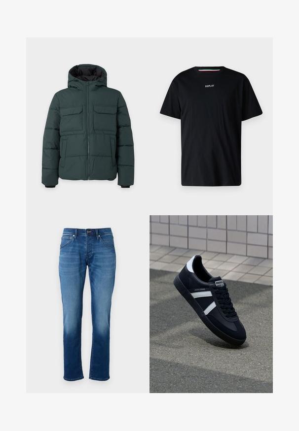 Mørkegrøn polstret jakke med hætte, frontlynlås, to klaplommer på brystet og to sidelommer på en ensfarvet lys baggrund.; Sort bomulds t-shirt med rund hals og korte ærmer. Ordet "REPLAY" er broderet i hvidt på tværs af brystet.; Blå denimjeans med lige snit, blød tekstur, fem lommer og knaplukning. Stoffet har en slidte effekt.; Sort lædersneaker med hvide striber, tekstureret gummisål og snørrebånd foran. Har et brandet mærke på tungen.