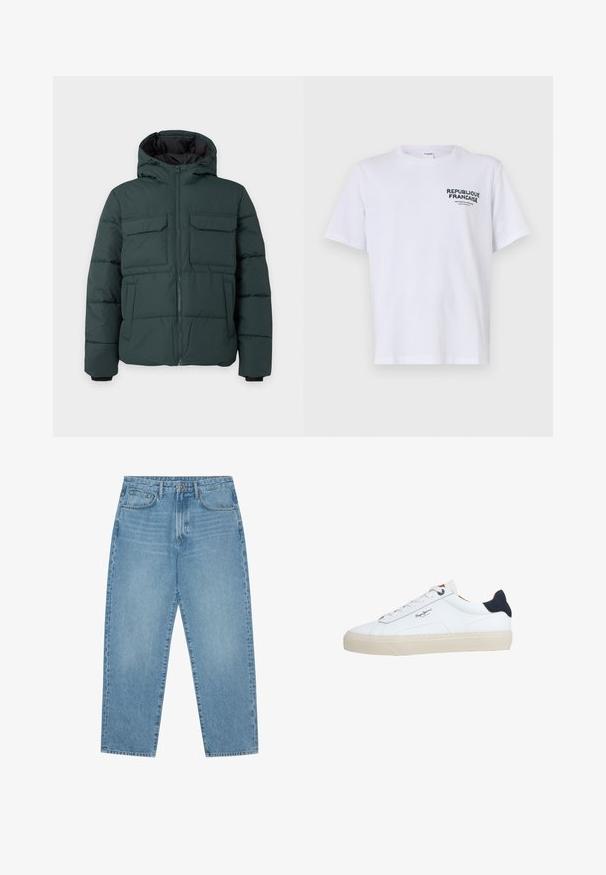 Chaqueta acolchada de color verde oscuro con capucha, cremallera frontal, dos bolsillos de solapa en el pecho y dos bolsillos laterales sobre un fondo liso y claro.; Camiseta de algodón blanca con mangas cortas y cuello redondo. La impresión en el lado izquierdo del pecho dice "REPUBLIQUE FRANCAISE" en texto verde oscuro.; Pantalones vaqueros de mezclilla azul claro con corte de pierna recta, diseño de cinco bolsillos y textura ligeramente desgastada. Cuentan con cierre de botón y cremallera.; Zapatilla deportiva blanca de corte bajo con suela beige, cordones blancos, lengüeta trasera negra y logotipo "Pepe Jeans London" en el lateral.
