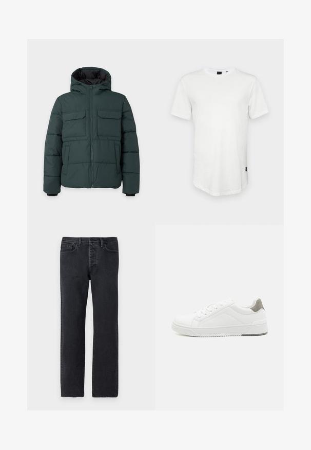 Dunkelgrüne gesteppte Jacke mit Kapuze, Frontreißverschluss, zwei Klappbrusttaschen und zwei Seitentaschen auf einfarbig hellem Hintergrund.; Weißes T-Shirt mit kurzen Ärmeln aus Baumwolle, mit Rundhalsausschnitt und einem leicht verlängerten Rückenteil, sowie einem kleinen Logo-Akzent an der Seite.; Schwarze Denim-Jeans mit geradem Bein, fünf Taschen, Gürtelschlaufen und minimalen Nähten. Hergestellt aus weichem, strukturiertem Baumwollstoff.; Weißer Sneaker aus glattem Leder, runde Zehenpartie, minimalistisches Design, graue Fersenkante und strukturierte Gummisohle.
