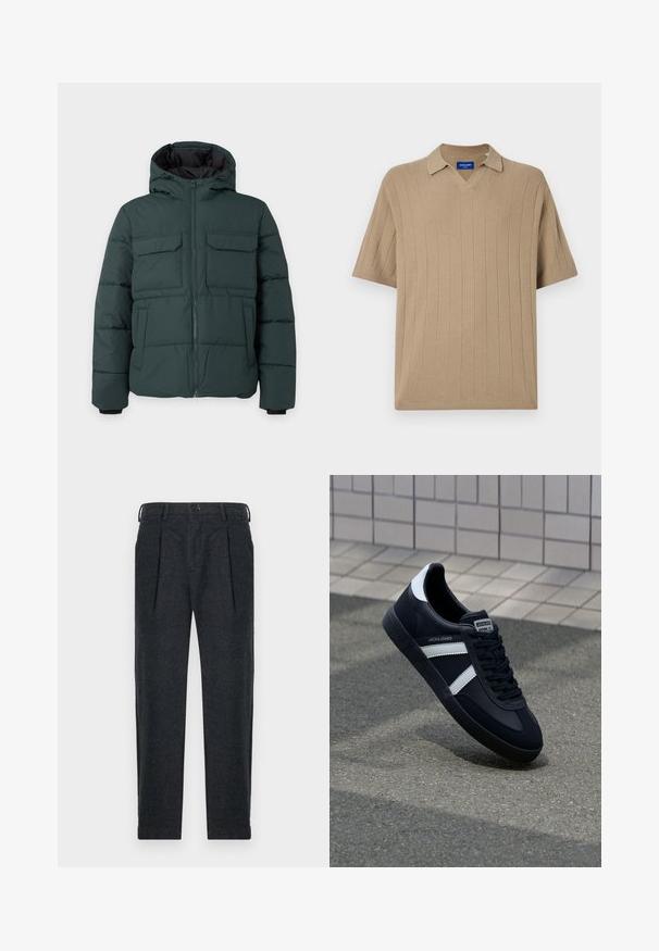 Tmavozelená prešívaná bunda s kapucňou, predný zips, dve náprsné vrecká s chlopňou a dve bočné vrecká na jednolivom svetlom pozadí.; Jack & Jones Knitted Plain Knitted - Polokošeľa - silver sage; Sivé nohavice z vlnenej zmesi so širokými predsunutými záhybmi, pútkami na opasok, bočnými vreckami a gombíkovým zapínaním. Rovný strih s hladkou textúrou.; Čierne kožené tenisky s bielymi pruhmi, textúrovanou gumovou podrážkou a šnurovaním vpredu. Obsahujú označenie značky na jazyku.