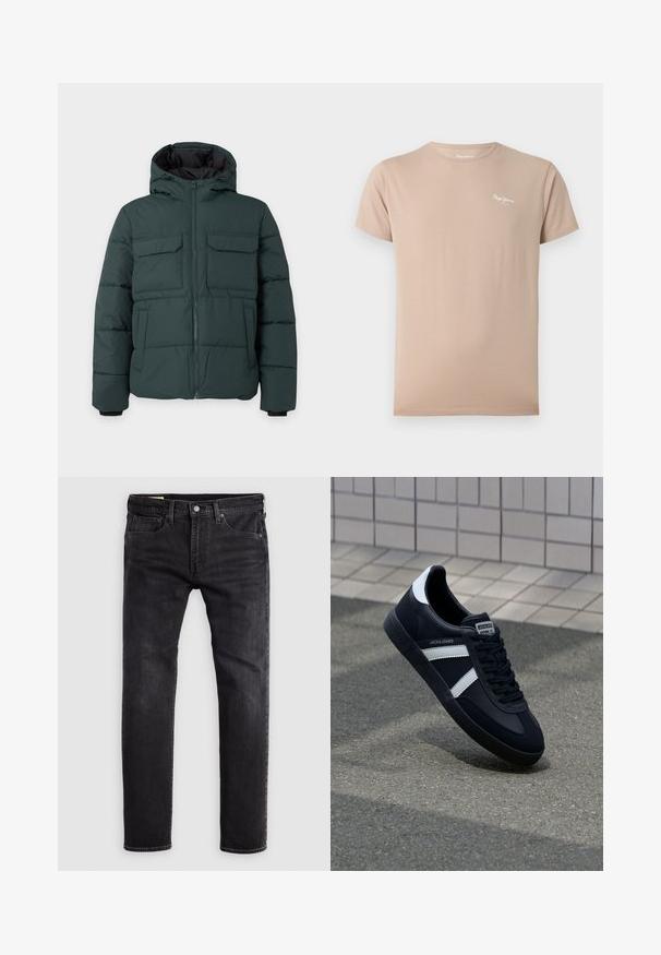 Mørkegrøn polstret jakke med hætte, frontlynlås, to klaplommer på brystet og to sidelommer på en ensfarvet lys baggrund.; Beige kortærmet T-shirt med rund hals og lille hvid "Pepe Jeans"-logo på øverste venstre bryst.; Sorte denim jeans med lige pasform, som har fem lommer, en knappelukning og synlige sømme langs sømmene.; Sort lædersneaker med hvide striber, tekstureret gummisål og snørrebånd foran. Har et brandet mærke på tungen.