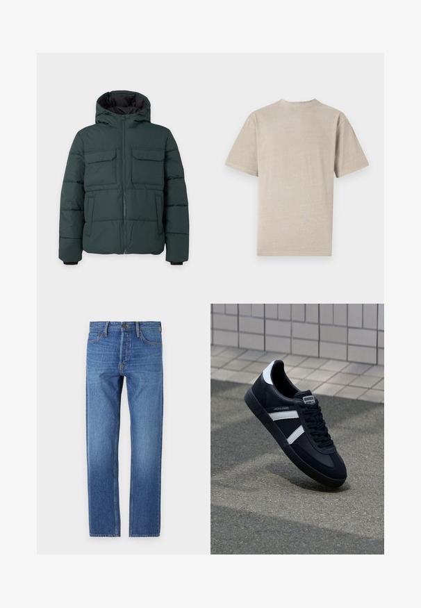 Chaqueta acolchada de color verde oscuro con capucha, cremallera frontal, dos bolsillos de solapa en el pecho y dos bolsillos laterales sobre un fondo liso y claro.; Camiseta de manga corta en beige claro con cuello redondo, fabricada en un tejido suave, que presenta una textura lisa y un diseño simple sin gráficos.; Jeans de mezclilla azul con corte recto, diseño clásico de cinco bolsillos, costuras de cobre y un acabado deslavado para un aspecto usado.; Zapatilla de cuero negra con rayas blancas, suela de goma texturizada y parte frontal con cordones. Cuenta con una etiqueta de marca en la lengüeta.