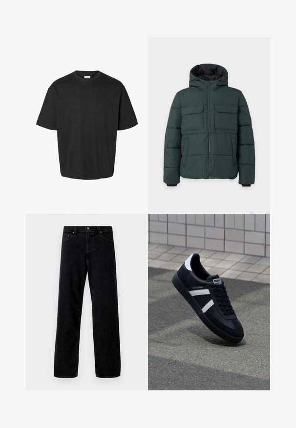 Dunkelgrüne gesteppte Jacke mit Kapuze, Frontreißverschluss, zwei Klappbrusttaschen und zwei Seitentaschen auf einfarbig hellem Hintergrund.; Schwarzes T-Shirt mit kurzen Ärmeln und Rundhalsausschnitt, locker geschnitten und mit sichtbarem weißem Etikett im Kragen.; Hollister Co. Baggy Jeans - washed black; Schwarze Leder-Sneaker mit weißen Streifen, strukturiertem Gummisohle und Schnürung. Verfügt über ein Markenetikett auf der Zunge.