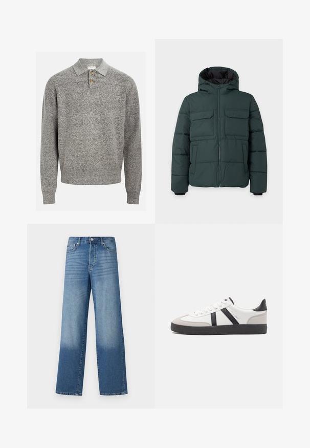 Veste matelassée vert foncé avec capuche, fermeture éclair sur le devant, deux poches poitrine à rabat et deux poches latérales sur un fond clair uni.; Pull en maille gris avec col polo, comportant trois boutons. Texture côtelée et manches longues. Design simple et classique.; Jean droit taille haute bleu avec des dégradés au niveau des cuisses et une teinte plus foncée près des ourlets, avec un bouton avant et des poches visibles.; Baskets blanches avec des accents noirs et gris, présentant un embout texturé gris, une semelle en caoutchouc noir et des lacets plats blancs. Design épuré, style minimaliste.