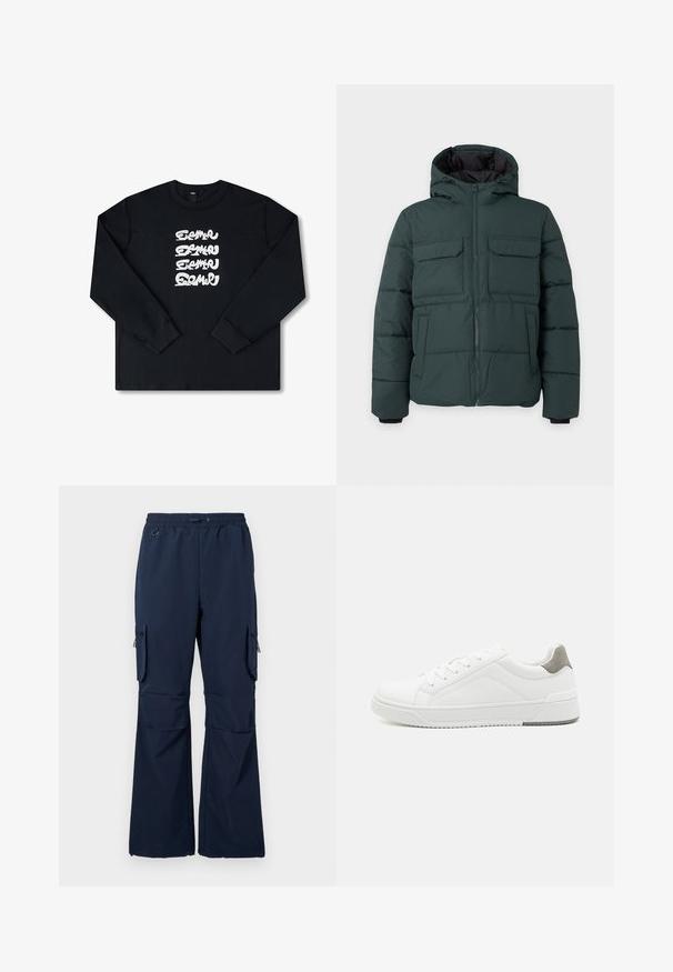 Chaqueta acolchada de color verde oscuro con capucha, cremallera frontal, dos bolsillos de solapa en el pecho y dos bolsillos laterales sobre un fondo liso y claro.; Sudadera negra de manga larga con un logo gráfico blanco repetido en letras estilizadas en la parte delantera. Fabricada con un tejido suave.; Pantalones de carga en color navy hechos de una tela ligera, con cintura ajustable mediante cordón, dos bolsillos laterales y bolsillos de carga con cremallera en ambas piernas.; Zapatilla blanca con material de cuero liso, punta redonda, diseño minimalista, acento gris en el talón y suela de goma texturizada.