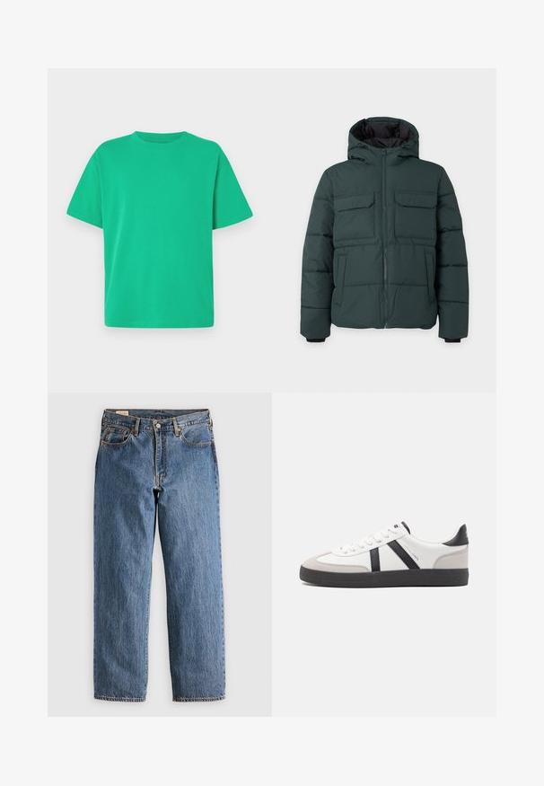 Dunkelgrüne gesteppte Jacke mit Kapuze, Frontreißverschluss, zwei Klappbrusttaschen und zwei Seitentaschen auf einfarbig hellem Hintergrund.; Grünes T-Shirt mit kurzen Ärmeln aus weichem Stoff; hat einen Rundhalsausschnitt und eine lockere Passform; glatte Textur ohne Muster oder Akzente.; Blaue Jeans aus Denim mit geradem Schnitt, hohem Bund, kupfernen Nieten und orangefarbener Naht. Mit Vorder- und Hintertaschen.; Weiße Sneaker mit schwarz- und grau-aczenten, ausgestattet mit einer strukturierten grauen Zehenkappe, schwarzer Gummi-Sohle und flachen weißen Schnürsenkeln. Sauberes Design, minimalistische Stil.