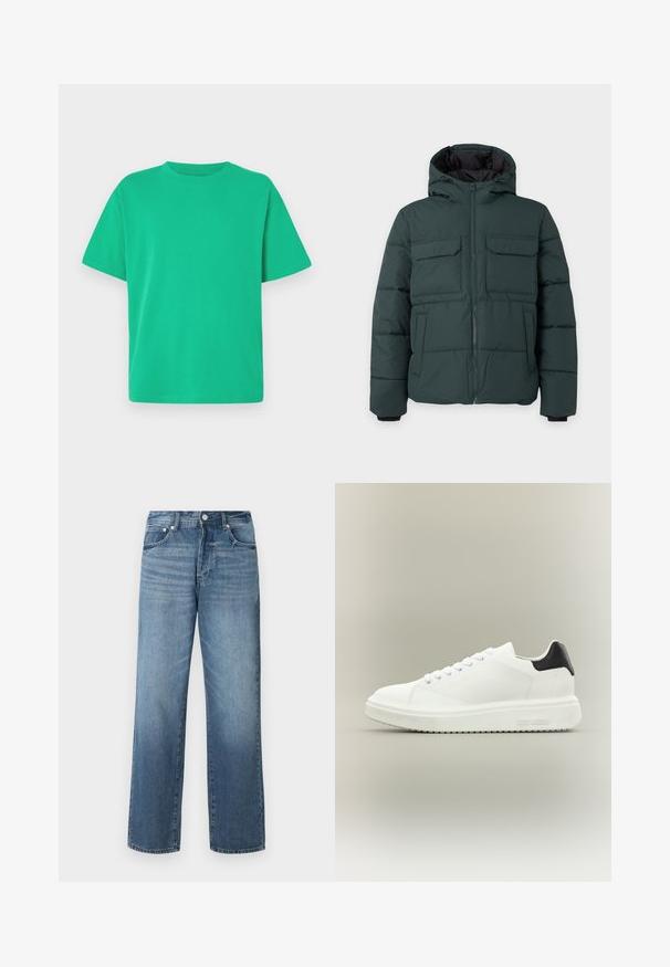 Dunkelgrüne gesteppte Jacke mit Kapuze, Frontreißverschluss, zwei Klappbrusttaschen und zwei Seitentaschen auf einfarbig hellem Hintergrund.; Grünes T-Shirt mit kurzen Ärmeln aus weichem Stoff; hat einen Rundhalsausschnitt und eine lockere Passform; glatte Textur ohne Muster oder Akzente.; Blaue Denim-Jeans mit geradem Bein, ausgestattet mit einer verwaschenen Optik, Gürtelschlaufen, fünf Taschen und einem klassischen Knopfverschluss.; Weißer Low-Top-Sneaker mit dicker Sohle, Schnürung vorne und schwarzer Fersenschlaufe, mit "Steve Madden" an der seitlichen Sohle gebrandet.