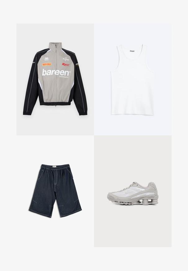 Veste de sport automobile grise et noire avec col haut, fermeture éclair devant et logos "bareen", "Rally" et "B-energy" sur la poitrine et les manches.; Débardeur blanc sans manches avec col rond et étiquette de la marque Weekday à l'intérieur du col arrière, présenté à plat sur un fond clair.; Short en jean bleu foncé longueur genou avec une taille élastique, des coutures blanches et des poches latérales, posé à plat sur un fond blanc.; Baskets de sport grises et blanches avec semelle à coussin d'air visible et panneaux en mesh, présentées de profil sur un fond clair uni.