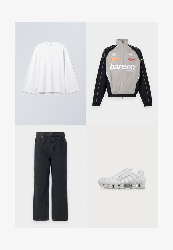 Veste de sport automobile grise et noire avec col haut, fermeture éclair devant et logos "bareen", "Rally" et "B-energy" sur la poitrine et les manches.; T-shirt blanc uni à manches longues avec col rond et coupe décontractée, suspendu sur un fond gris clair.; Pantalons en denim bleu foncé à jambe large, avec un design à cinq poches et une fermeture à bouton. Comprend des accessoires en ton cuivre et une texture subtile.; Chaussure de running blanche Nike avec semelle à coussin d’air visible et logo swoosh argenté sur le côté, vue de l'extérieur.