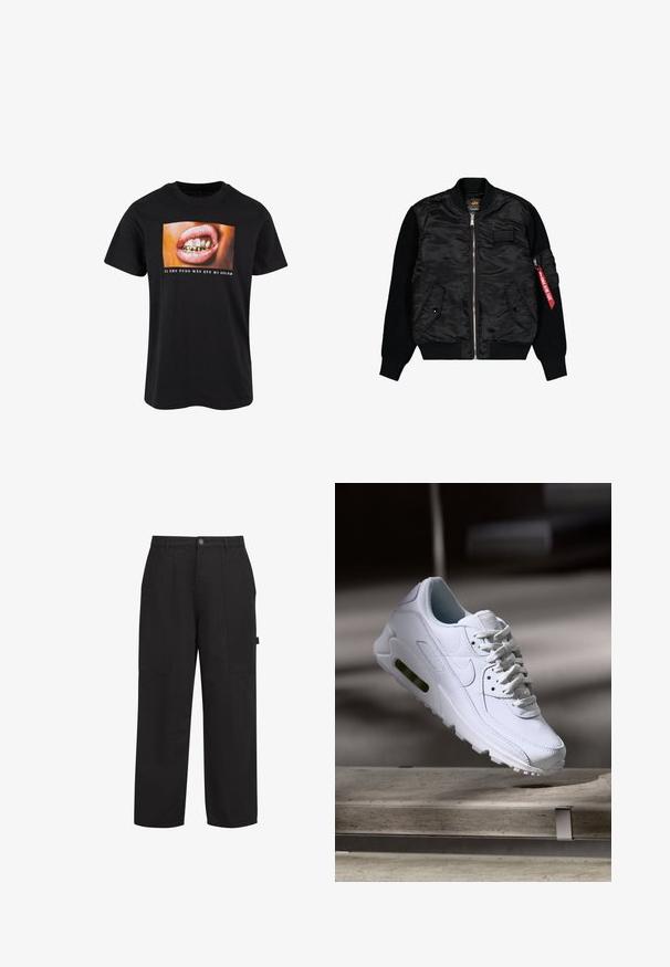 Zwarte bomberjas met gebreide mouwen, voorrits, twee zakken met knopen en een rood label op de ritszak op de linkerarm.; Zwarte katoenen T-shirt met een afbeelding van een open mond met gouden tanden en roze lippen, met witte tekst eronder op een kleurrijke achtergrond.; Zwarte katoenen broek met een ontspannen pasvorm, voorzien van twee voorkruiszakken, een rits en een zichtbare knoop aan de voorkant. Zachte textuur, recht model.; Witte leren sneaker met gestructureerde oppervlakken, gevoerde kraag en zichtbare luchtbescherming in de zool. Heeft veters en een minimalistisch ontwerp.