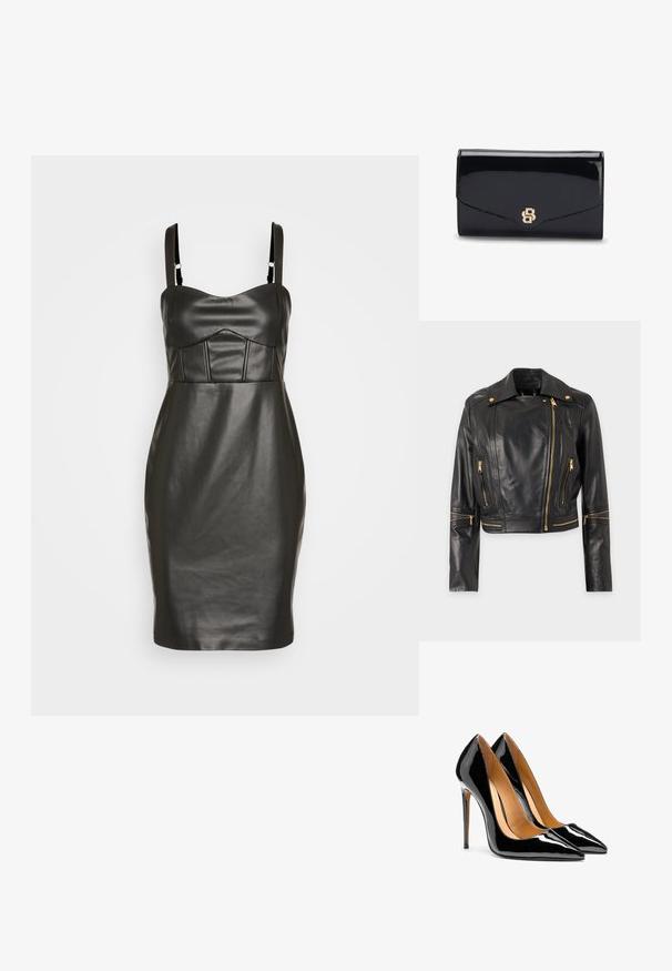 Chaqueta de motorista de cuero negro con cremallera asimétrica dorada, bolsillos con cremallera y detalles de cremallera en las mangas sobre un fondo blanco.; Vestido de cuero sintético negro con una silueta ajustada, tirantes finos y un corsé estructurado y acolchado que presenta costuras verticales. Textura suave.; Par de tacones altos de charol negro brillante con punta afilada, tacones de aguja y forro interior color beige sobre fondo blanco.; Bolso de mano clutch de cuero negro brillante con un logo entrelazado de la letra B en tono dorado en la solapa delantera, mostrado cerrado sobre un fondo blanco.