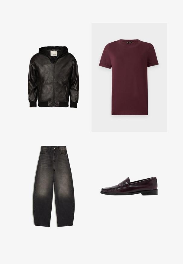 Schwarze Lederjacke mit Reißverschluss, gerippten Bündchen und Saum, mit angenähter schwarzer Stoffkapuze und Fronttaschen.; Burgunderfarbene T-Shirt aus weicher Baumwolle, mit Rundhalsausschnitt, kurzen Ärmeln und einem lässigen Schnitt. Es hat eine glatte Textur und keine sichtbaren Muster.; Schwarze Jeans aus Denim mit weitem Bein und hoher Taille, ausgestattet mit klassischem Fünf-Taschen-Design, dezentem Used-Look und Metallbeschlägen.; Dunkelbraune Herrenleder-Pennyloafers mit schwarzer Sohle und Steppdetails entlang der Spitze, im Seitenprofil gezeigt.