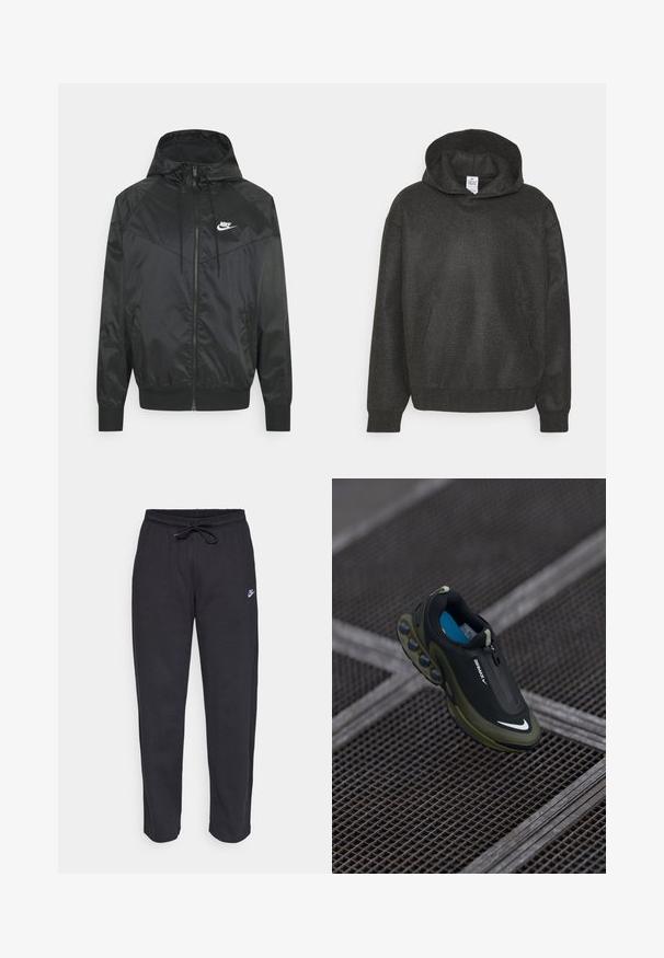 Zwarte nylon bomberjack met capuchon, ritssluiting, elastische manchetten en schouderpanelen. Voorzien van een klein wit Nike-logo op de borst.; Hoodie van textuur donkergrijs stof, met een voorzak en ribbenboorden en onderrand voor een snug pasvorm.; Zwarte sweatpants van zacht stof met een elastische tailleband, trekkoord en een klein Nike-logo op de linker bovenbeen.; Zwarte en olijfgroene Nike Air Max-schoen met een gladde bovenkant, ritssluiting en onderscheidende luchtkussens op de zool. Blauwe binnenzool zichtbaar.