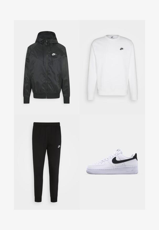 Sort nylon bomberjakke med hætte, lynlåslukning, elastiske ærmer og skulderpaneler. Har et lille hvidt Nike-logo på brystet.; Hvid sweatshirt lavet af bomuld med lange ærmer, rund halsudskæring og sort Nike-logo på venstre bryst. Blød tekstur med ribbede manchetter.; Sorte sweatpants lavet af blødt stof med elastisk talje og tætsiddende manchetter, med et lille hvidt Nike-logo på venstre lår.; Hvide lædersneakers med en struktureret sort Swoosh, flade snørebånd og en gummisål med et rillemønster. "AIR" er præget på hælen.