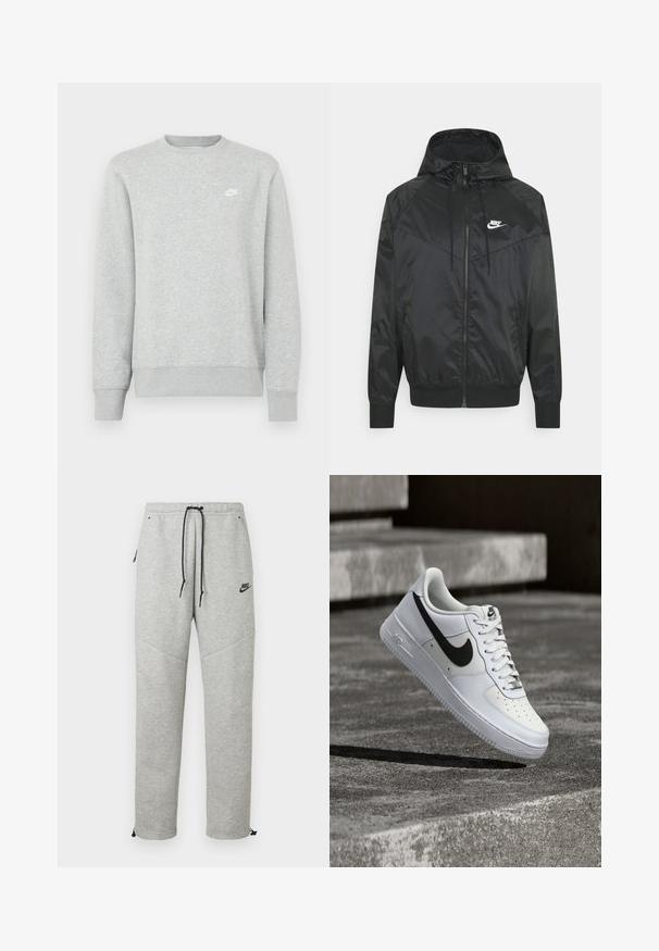 Schwarze Nylon-Bomberjacke mit Kapuze, Reißverschluss, elastischen Bündchen und Schulterpaneelen. Verfügt über ein kleines weißes Nike-Logo auf der Brust.; Grauer Sweatshirt aus weichem Fleece-Material, mit gerippten Bündchen und Saum sowie einem kleinen weißen Nike-Logo auf der Brust.; Graue Nike Sweatpants mit einem Kordelzugbund, Seitentaschen und elastischen Bündchen. Sie haben eine glatte Textur und ein kontrastierendes schwarzes Logodetail.; Weißer Nike Air Force 1 Sneaker mit schwarzem Swoosh, geschnürten Schnürsenkeln, schwebend in der Luft über einer strukturierten Betonoberfläche im Freien.