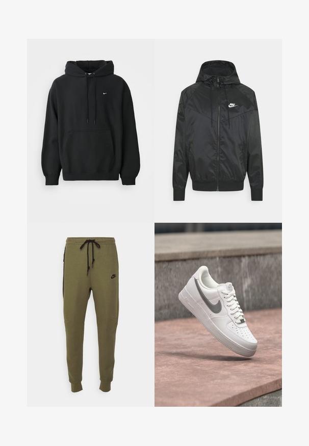 Sort nylon bomberjakke med hætte, lynlåslukning, elastiske ærmer og skulderpaneler. Har et lille hvidt Nike-logo på brystet.; Sort Nike hoodie med frontlomme, snor i hætten, ribbede manchetter og lille hvid Nike swoosh-logo på brystet.; Oliven grønne Nike sweatpants med sorte sidelapper, elastisk talje og snorelukning. Har syede detaljer og logo.; Hvid Nike Air Force 1 sneaker med gråt swoosh-logo svævende over en stensurface og en grå stenvæg i baggrunden.