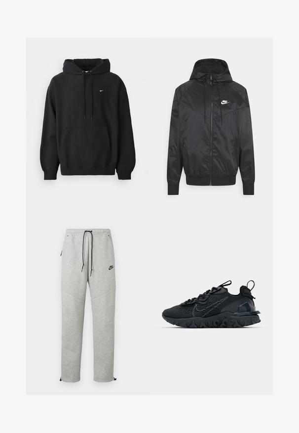 Chaqueta bomber negra de nailon con capucha, cierre de cremallera, puños elásticos y paneles en los hombros. Presenta un pequeño logo blanco de Nike en el pecho.; Sudadera negra de Nike con bolsillo frontal tipo canguro, capucha con cordón, puños acanalados y pequeño logo de Nike en blanco en el pecho.; Pantalones de chándal Nike grises con cintura ajustable por cordón, bolsillos laterales y puños elásticos. Presentan una textura suave y un detalle del logo negro en contraste.; Zapato deportivo negro con una parte superior de malla transpirable, acentos texturizados y una suela de goma ondulada. Presenta un logotipo reflectante y un sistema de cordones.