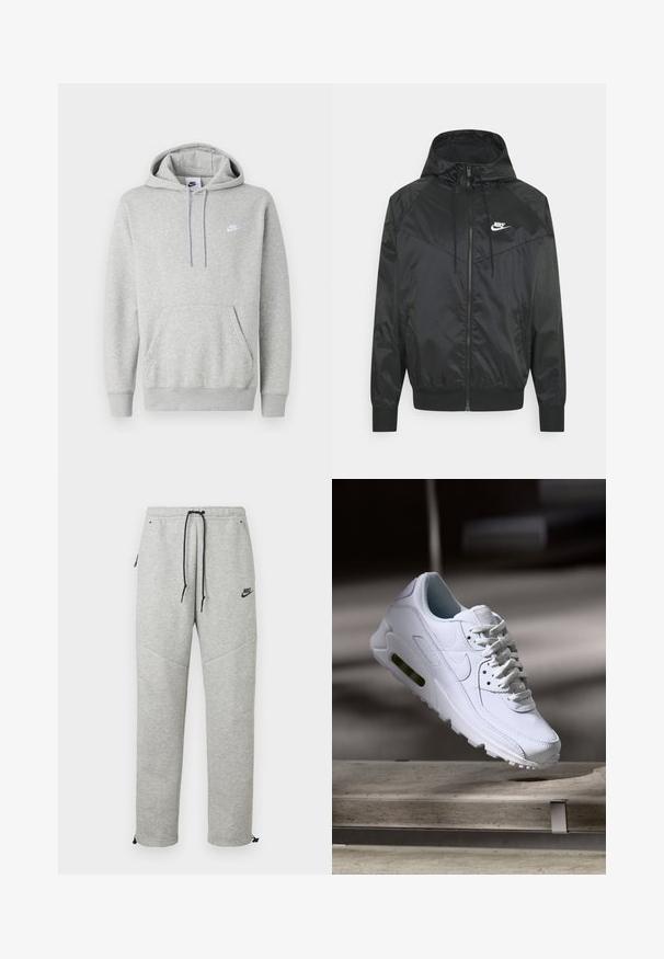 Schwarze Nylon-Bomberjacke mit Kapuze, Reißverschluss, elastischen Bündchen und Schulterpaneelen. Verfügt über ein kleines weißes Nike-Logo auf der Brust.; Hellgrauer Hoodie aus weichem Stoff mit Kängurutasche, Kapuze mit Kordelzug und kleinem weißem Logo auf der Brust.; Graue Nike Sweatpants mit einem Kordelzugbund, Seitentaschen und elastischen Bündchen. Sie haben eine glatte Textur und ein kontrastierendes schwarzes Logodetail.; Weiße Lederturnschuhe mit strukturierten Oberflächen, gepolstertem Kragen und sichtbarer Luftpolsterung in der Sohle. Verfügt über Schnürsenkel und ein minimalistisches Design.