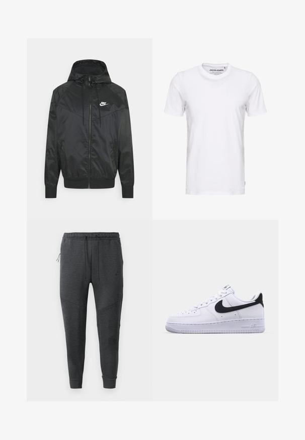 Zwarte nylon bomberjack met capuchon, ritssluiting, elastische manchetten en schouderpanelen. Voorzien van een klein wit Nike-logo op de borst.; Witte korte mouwen t-shirt van katoen, met een ronde hals en een eenvoudig ontwerp. Merktag zichtbaar op het nekgebied. Geen patronen of accenten.; Donkergrijze Nike joggerbroeken met een trekkoord in de taille, een ritszak aan de zijkant, taps toelopende pijpen en ribgebreide boorden op een witte achtergrond.; Witte leren sneaker met een gestructureerde zwarte Swoosh, platte veters en een rubberen zool met een geribbeld patroon. "AIR" is in de hak geperst.