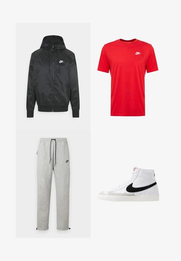 Schwarze Nylon-Bomberjacke mit Kapuze, Reißverschluss, elastischen Bündchen und Schulterpaneelen. Verfügt über ein kleines weißes Nike-Logo auf der Brust.; Rotes Baumwoll-T-Shirt mit Rundhalsausschnitt und kurzen Ärmeln, featuring ein weißes Nike-Logo auf der linken Brustseite. Glatte Textur und lässiges Design.; Graue Nike Sweatpants mit einem Kordelzugbund, Seitentaschen und elastischen Bündchen. Sie haben eine glatte Textur und ein kontrastierendes schwarzes Logodetail.; Weiße High-Top-Sneaker mit einem schwarzen Swoosh, strukturiertem grauen Zehenkappeneinsatz und flacher weißer Sohle. Verfügt über sechs Ösen und genähte Akzente.