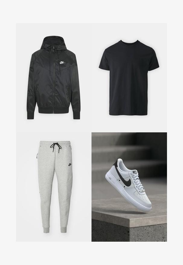 Zwarte nylon bomberjack met capuchon, ritssluiting, elastische manchetten en schouderpanelen. Voorzien van een klein wit Nike-logo op de borst.; Zwart katoenen T-shirt met korte mouwen, ronde hals en een relaxte pasvorm. Glad textuur en rechte zoom, geen zichtbare graphics of patronen.; Grijze sweatpants met een gladde textuur, elastische tailleband, verstelbaar zwart trekkoord, twee zijzakken en een klein zwart logo.; Witte Nike Air Force 1 sneaker met zwart swoosh-logo, zwevend boven een betonnen richel met vervaagde trappen op de achtergrond.