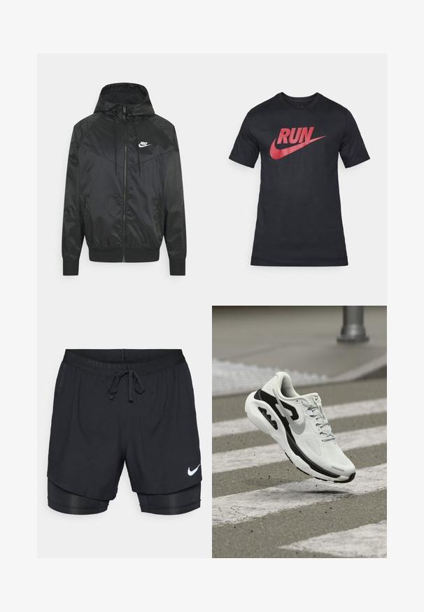 Sort nylon bomberjakke med hætte, lynlåslukning, elastiske ærmer og skulderpaneler. Har et lille hvidt Nike-logo på brystet.; Sort bomulds T-shirt med en stor rød "RUN" tekst og Nike swoosh logo. Korte ærmer med rund halsudskæring og glat stof.; Sorte løbeshorts med et ydre lag, elastisk taljeelastik, snor og lommer. Har et hvidt Nike-logo og indershorts.; Hvid og sort Nike ZoomX løbesko svæver over et fodgængerfelt og slynger små stykker grus op.