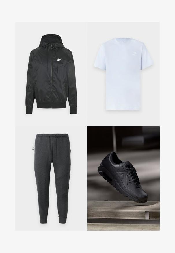Schwarze Nylon-Bomberjacke mit Kapuze, Reißverschluss, elastischen Bündchen und Schulterpaneelen. Verfügt über ein kleines weißes Nike-Logo auf der Brust.; Hellblaue Baumwoll-T-Shirt mit kurzen Ärmeln, Rundhalsausschnitt und einem weißen Nike-Logo, das auf der linken Brust gedruckt ist. Glatte Textur, schlichtes Design.; Dunkelgraue Nike Jogginghosen mit Kordelzugbund, seitlichem Reißverschlusstaschen, schmal zulaufenden Beinen und gerippten Bündchen auf einem weißen Hintergrund.; Schwarze Nike Air Max Sneaker mit einem strukturierten Leder-Obermaterial, Gummisohle und auffälligem Schnürsystem, das ein schlankes, modernes Design präsentiert.
